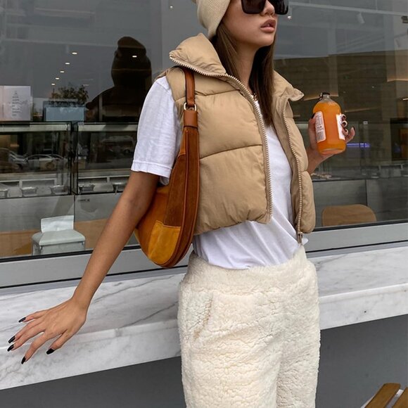 Women's Khaki Fashion High Neck Zipper Cropped Puffer Vest Jacket Coat Cardigan - Picture 2 of 6